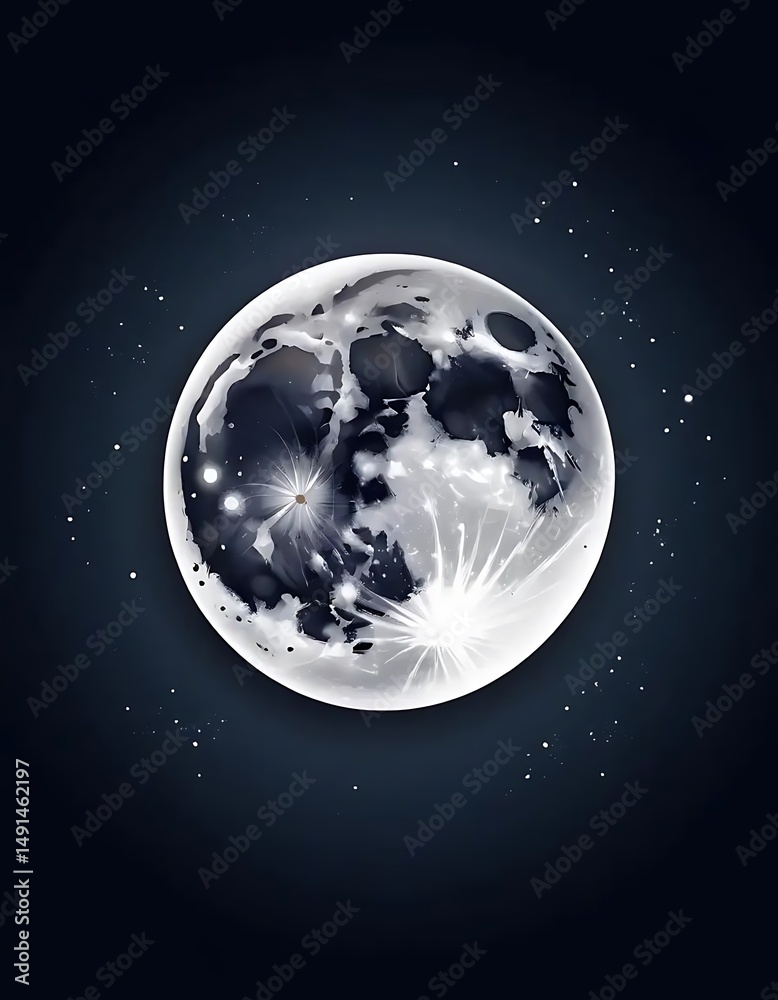 Naklejka premium Majestic moon artwork with craters, stars, and glowing light details