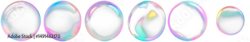 Set of colorful soap bubbles, 3d circle shape iridescent holographic bubbles with gradient color pastel elements design, translucent and see-through bubbles, isolated on transparent background