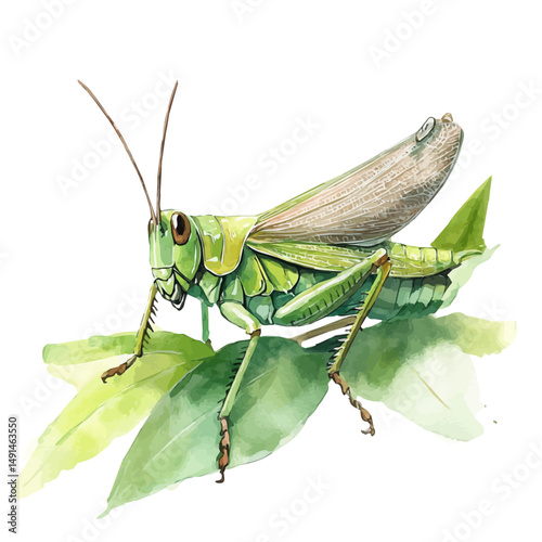 watercolor of Grasshopper Blending In With The Leaves, vector high quality, isolated on a white background.