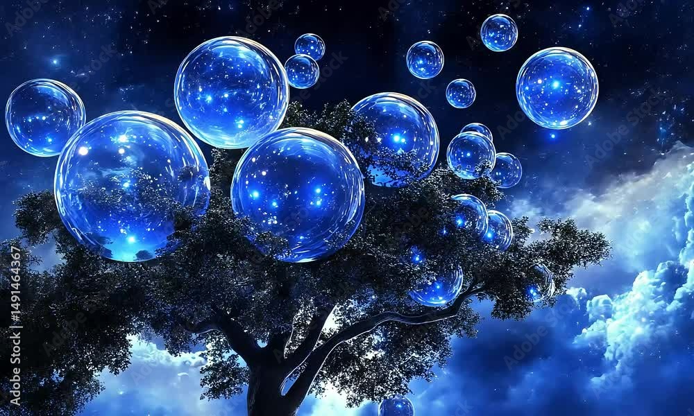 Glowing blue bubbles against dark silhouette tree fantasy image