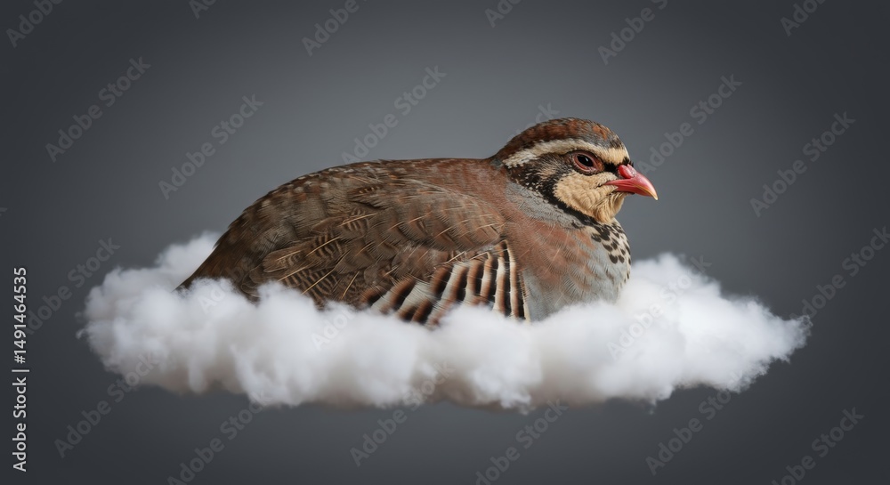 Obraz premium Surreal Bird Portrait: Partridge Perched on Cloud Against Grey Backdrop