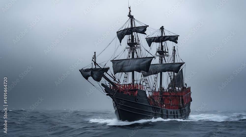 Obraz premium Spooky Black Pirate Ship Sailing on Rough Seas Under a Cloudy Sky.