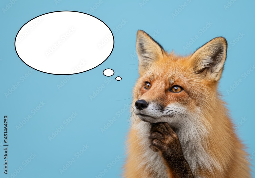 Obraz premium A pondering fox with a visible thought bubble on a pastel blue background