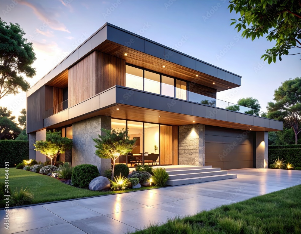 Fototapeta premium Modern Cube Home Luxury Residence with Evening Light, and Contemporary Design.