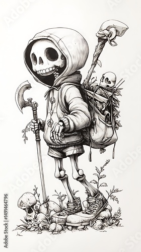 ペン画骨の旅人