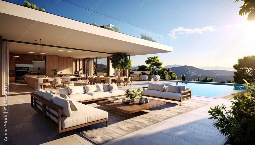 Fototapeta premium Luxury Villa Oasis Poolside Living with Panoramic Mountain Views.