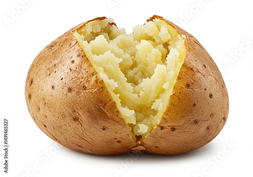 Perfectly baked russet potato, revealing its fluffy and tender flesh interior