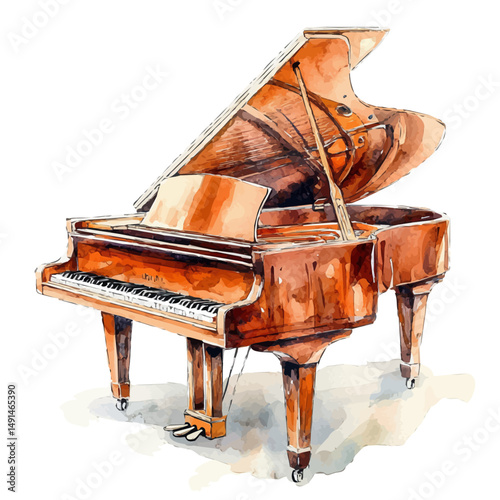 Grand Pianos Open Lid, watercolor painting vector, high quality, isolated on a white background.