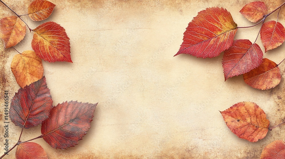 Fototapeta premium Beautiful autumnal leaves on parchment. A classic, rustic background