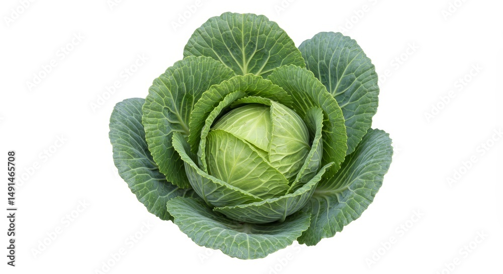 Fototapeta premium Fresh Green Cabbage Head Isolated on White Backdrop: Culinary Ingredient