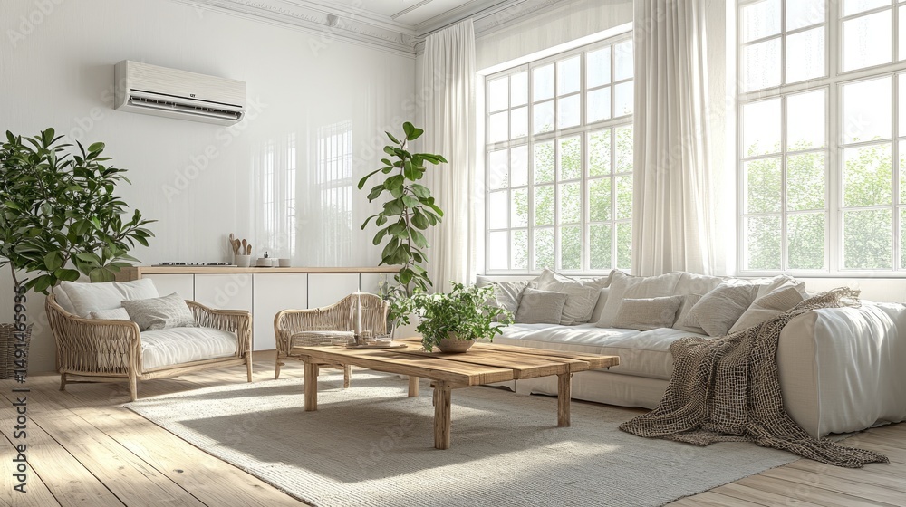 Fototapeta premium Bright, airy living room with natural elements.