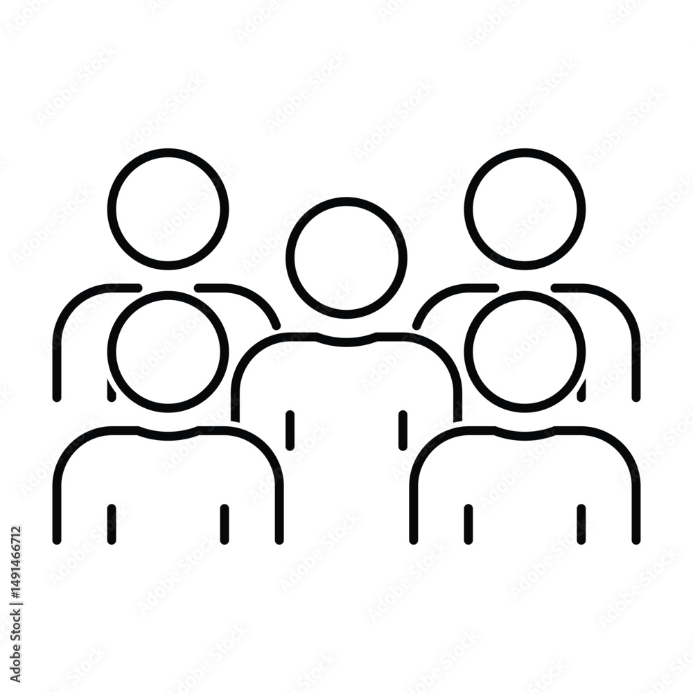 Simple line art icon depicting a group of five people, symbolizing teamwork and unity. Simple line art icon depicting a group of five people, symbolizing teamwork and unity.