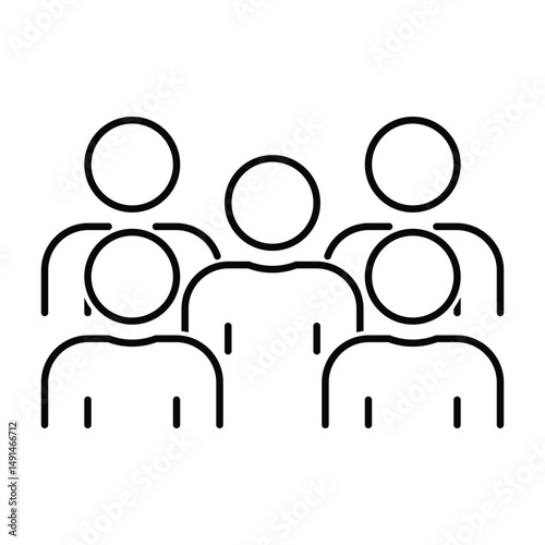 Simple line art icon depicting a group of five people, symbolizing teamwork and unity.