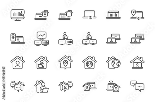 Remote Work Line Icons . Freelancer Work from Home, Video Call, Online Meeting, Teleconference Vector Set