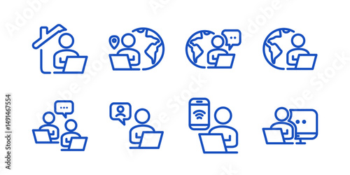Remote Work Line Icons . Freelancer Work from Home, Video Call, Online Meeting, Teleconference Vector Set