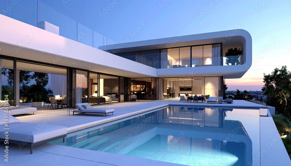 Fototapeta premium Modern Villa by Pool at Dusk Luxury Living in Style.