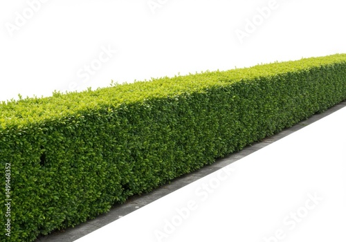 A long green hedge with a trimmed shape against a white background space