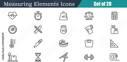 Measurement Icons Set: Collection of 20 linear style icons related to measurement, including weight, time, length, health, and more. Perfect for app design, presentations, and websites.