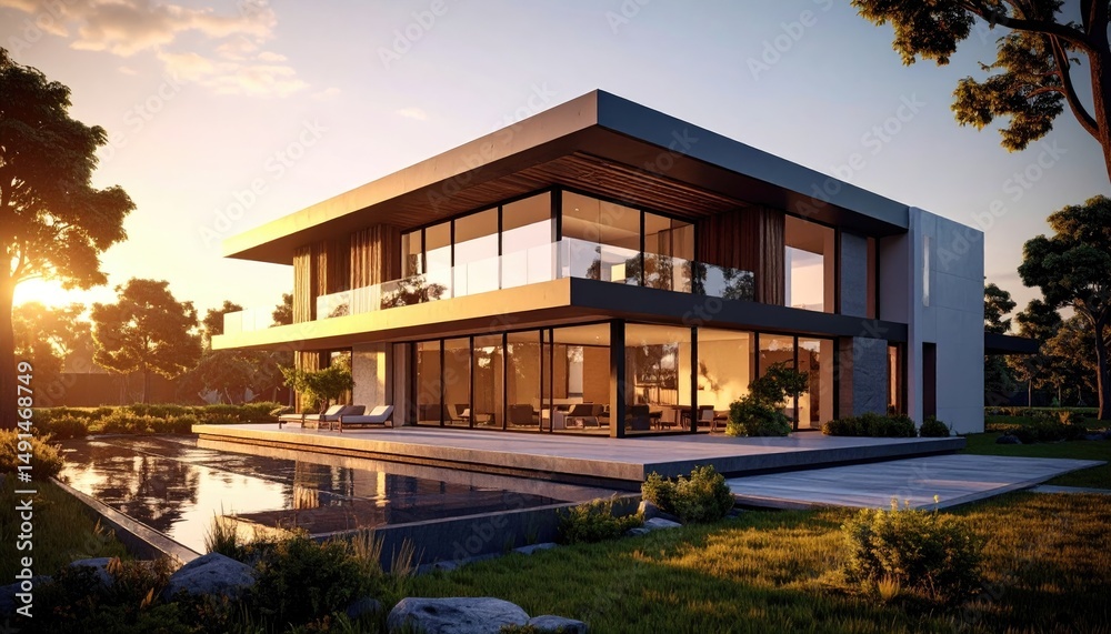 Modern Luxury Sleek Home with Pool Reflecting Sunset Serene.