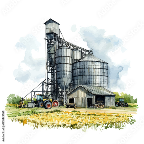 Grain Silo Surrounded By Farming Machinery, watercolor drawing vector, high quality, isolated on a white background.