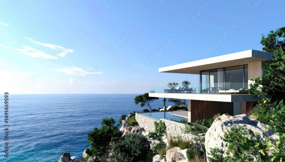 Fototapeta premium Coastal Luxury Modern Villa on Ocean Cliff with Balearic Paradise.