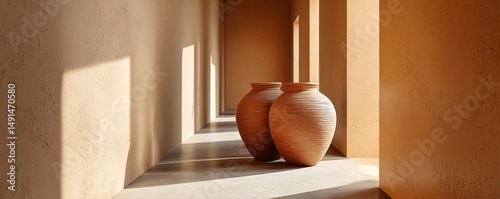 Tranquil Passage: Two earthen vases stand elegantly in a sunlit corridor, their warm hues harmonizing with the soft shadows. The scene whispers of history and serenity.