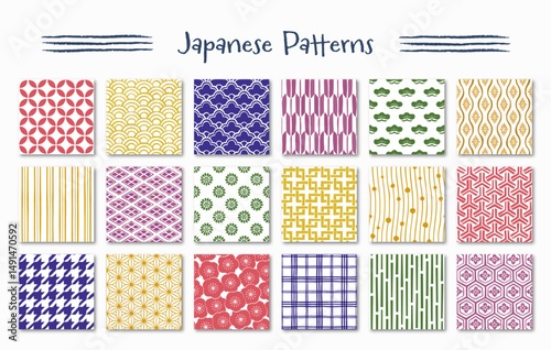  Hand drawn Japanese pattern material collection, Cute traditional Japanese pattern wallpapers, Seamless vector backgrounds/かわいい日本の和柄模様のセット、パターン背景