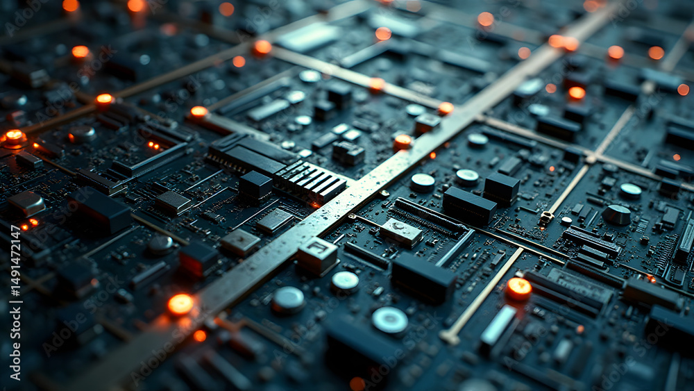 Bold orthogonal circuit grid with fortified nodes, industrial tech aesthetic, platinum and steel texture. Bold orthogonal circuit grid with fortified nodes, industrial tech aesthetic, platinum and steel texture.