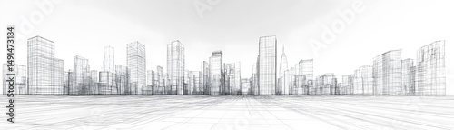 Monochrome architectural drawing of a city skyline.