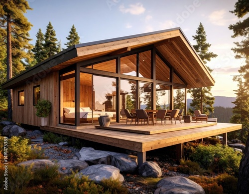 Modern Cabin Retreat  Lake Tahoe House with deck, nature, and mountains.