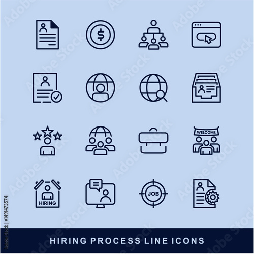 Hiring Process Line Icons. Recruitment, Job Application, Interview, Candidate Selection Vector Set