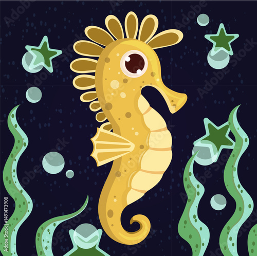 vector image of a seahorse. Cute hand-drawn graphics for kids, simple drawing. a small fish in the seaweed.