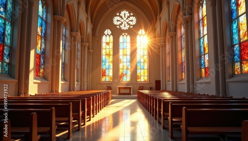 A modern church sanctuary, sunlight streaming through stained-glass windows , faith, divine, sanctuary