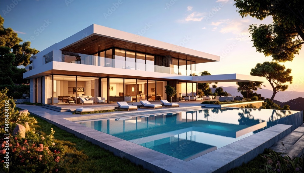 Obraz premium Modern Villa with Pool at Sunset.