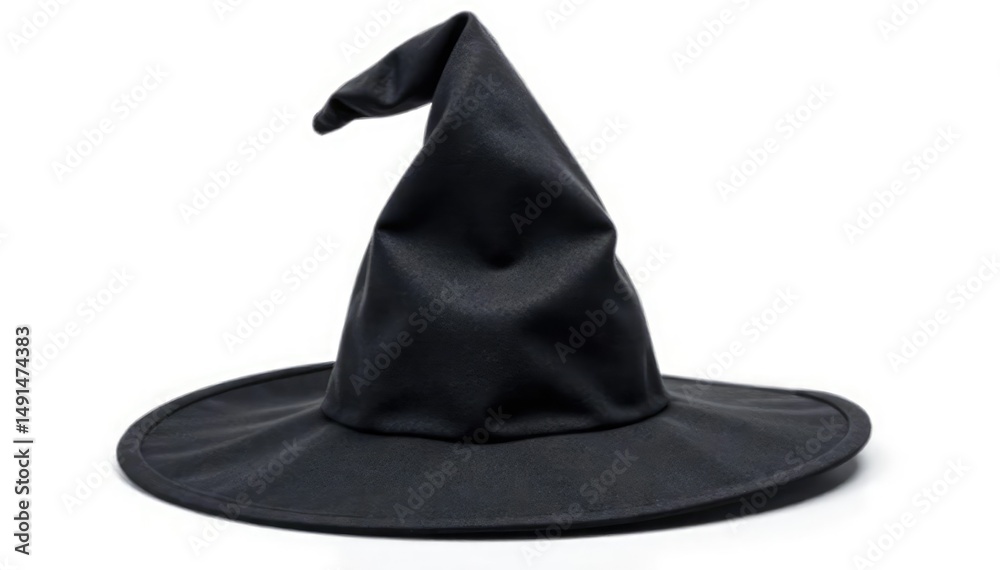 Fototapeta premium Classic black witch's hat, pointed crown, wide brim, isolated on white background , wide, party, illustration