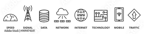 Banner 5G vector illustration concept. speed, signal, network, internet, technology, mobile and traffic icons
