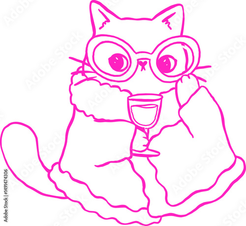 Cute Girly Self Love Cat Outline Having Wine Relaxing Cartoon Doodle Hand Drawn