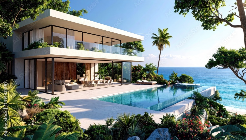 Fototapeta premium Coastal Villa Dream Luxury Home with Infinity Pool, and Ocean View.