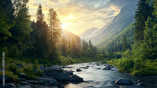 Mountain stream sunset forest landscape