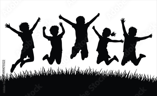 Happy Kids Jumping on Grass Children Playing Silhouette Vector