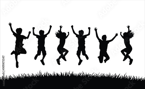 Happy Kids Jumping on Grass Children Playing Silhouette Vector