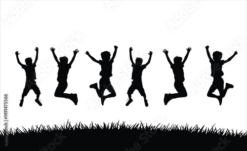 Happy Kids Jumping on Grass Children Playing Silhouette Vector