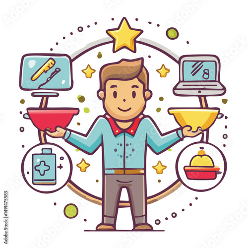Comic-style vector of a multitasking father doing work, cooking, fixing, and parenting at once. Fun and dynamic design to celebrate dads as everyday heroes. Perfect for Father's Day themes.


