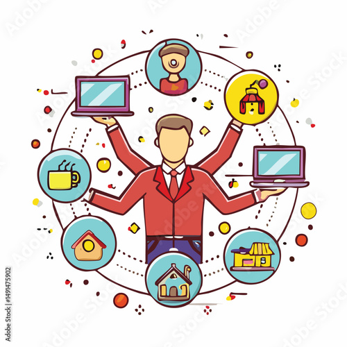 Comic-style vector of a multitasking father doing work, cooking, fixing, and parenting at once. Fun and dynamic design to celebrate dads as everyday heroes. Perfect for Father's Day themes.

