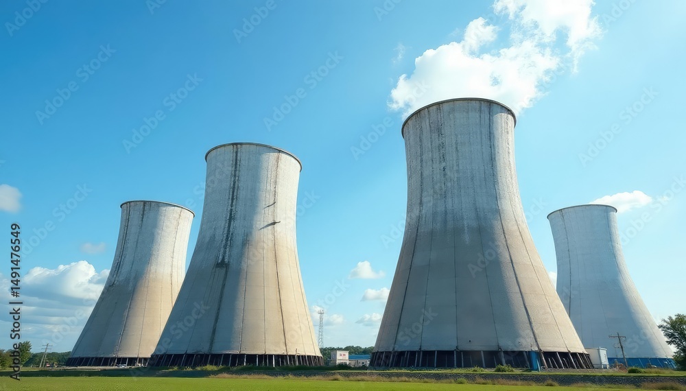 Fototapeta premium Large industrial cooling tower against a blue sky Industrial architecture, energy production, power generation, environmental engineering , large, structure, infrastructure