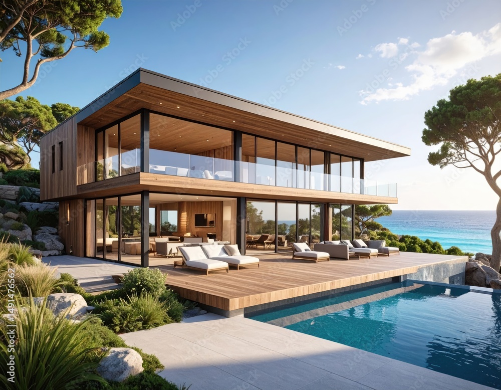 Fototapeta premium Coastal Luxury Modern Villa with Infinity Pool over Ocean View.