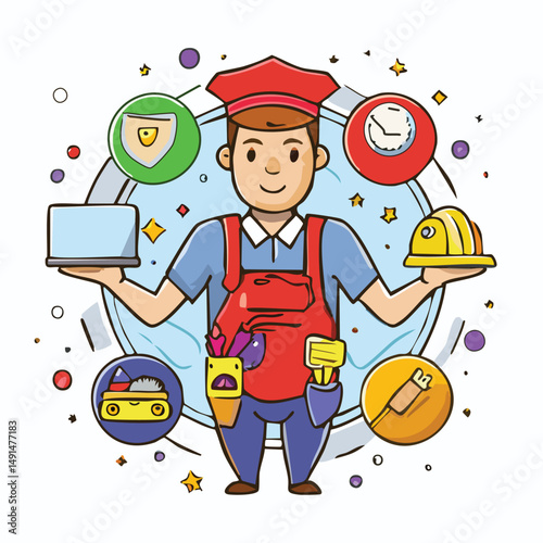Comic-style vector of a multitasking father doing work, cooking, fixing, and parenting at once. Fun and dynamic design to celebrate dads as everyday heroes. Perfect for Father's Day themes.

