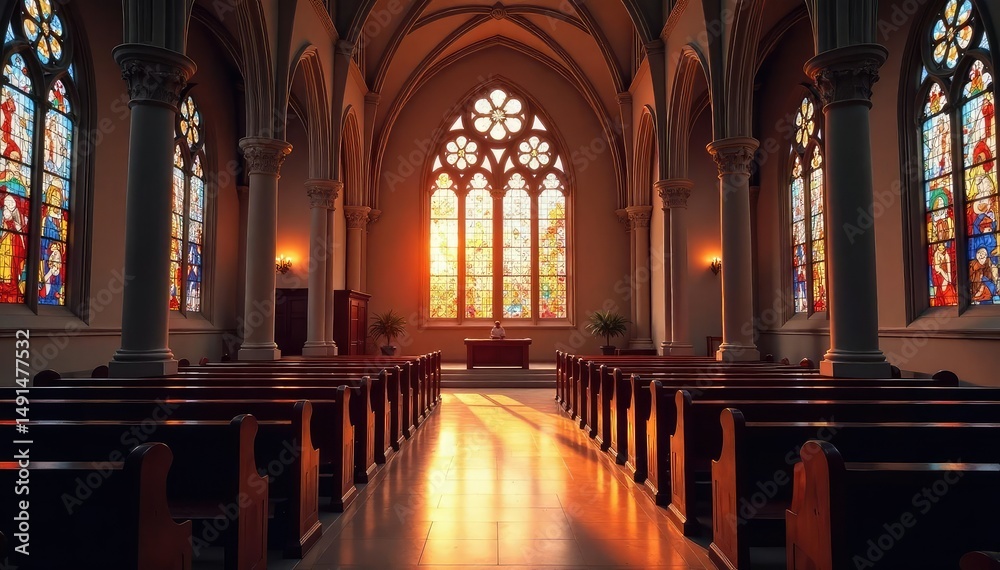 Fototapeta premium Serene church interior, stained glass illuminating peaceful prayer space , pews, religion