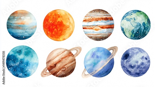 Wallpaper Mural Vibrant Watercolor Planets in Space on White Background Torontodigital.ca