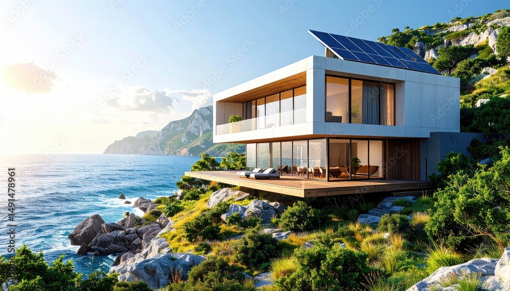 Fototapeta premium Cliffside Modern Home Ocean Views Solar Power with Coastal Luxury.